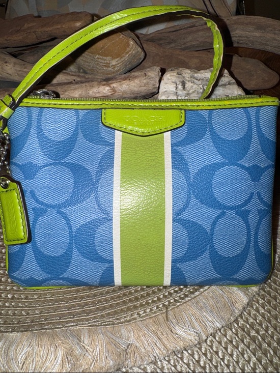 Coach Handbags - Coach Blue Signature Canvas Wristlet with Lime Stripe